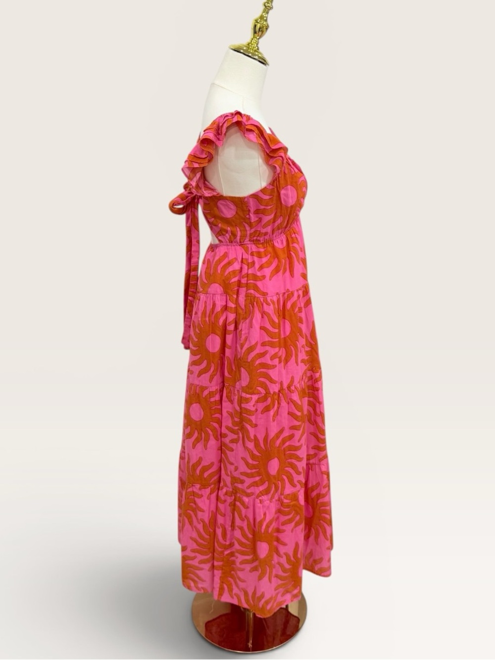 J.Marie Mara Ruffle Strap Tie Back Pink Orange Sun Print Cotton Midi Dress NWT - Picture 8 of 16